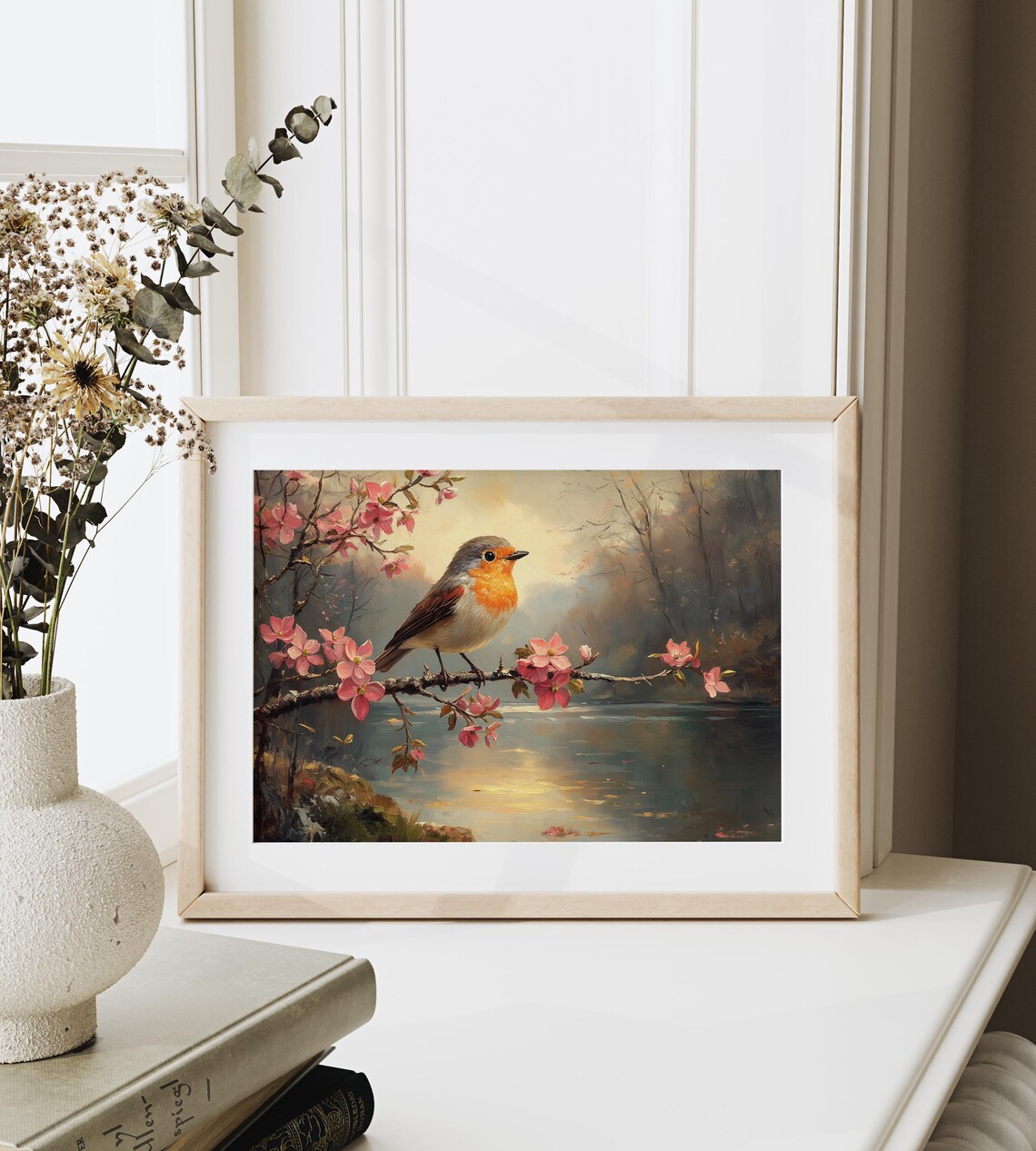 European Robin On Blossoming Pink Branch Over River Spring Art Poster - Image 3