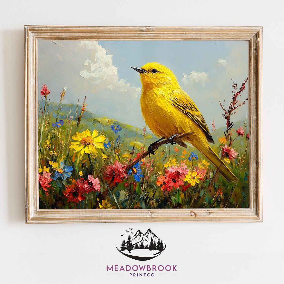 Yellow Warbler Singing In Wildflower Meadow Spring Oil Painting Poster