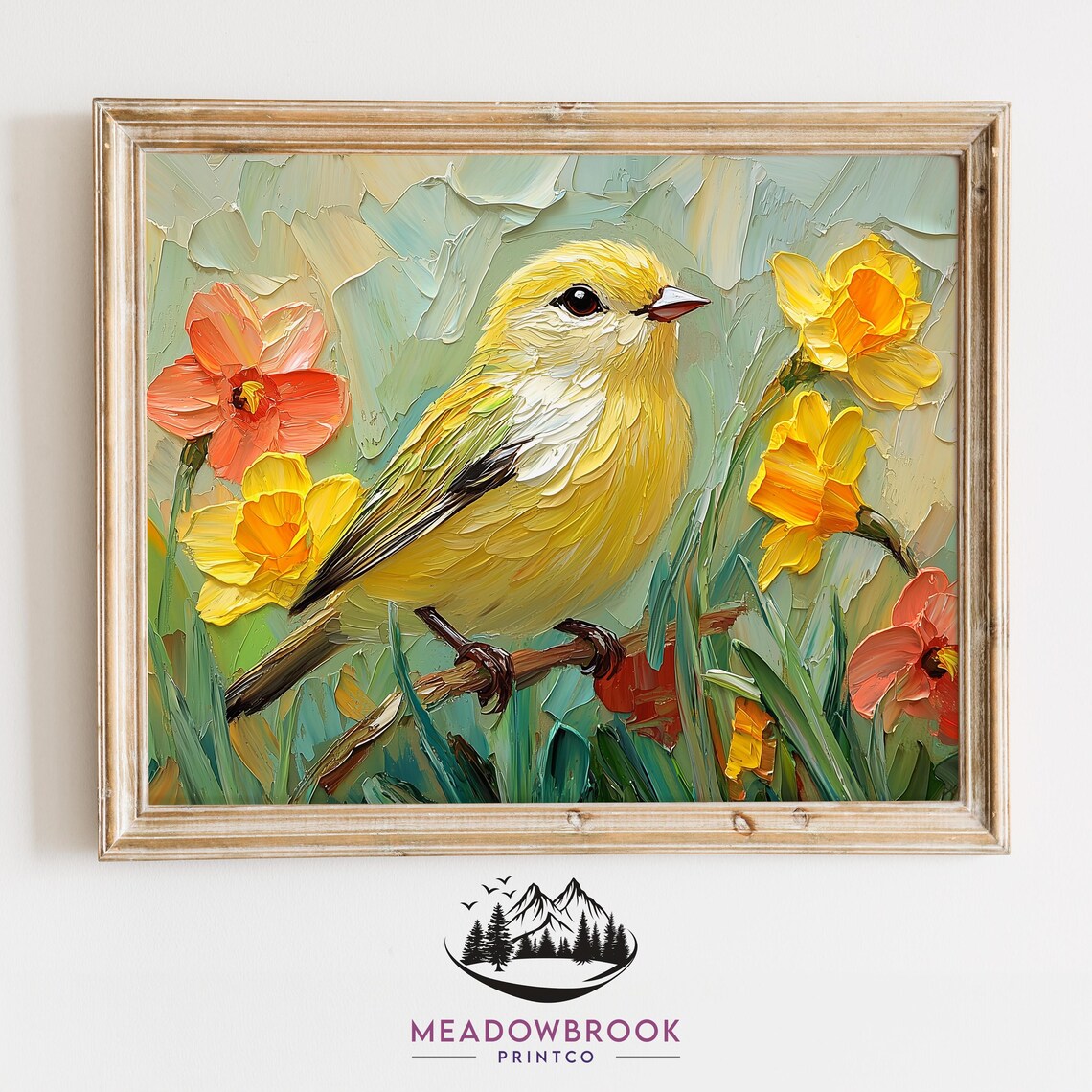 Yellow Finch Among Bright Daffodils Spring Impasto Garden Art Poster