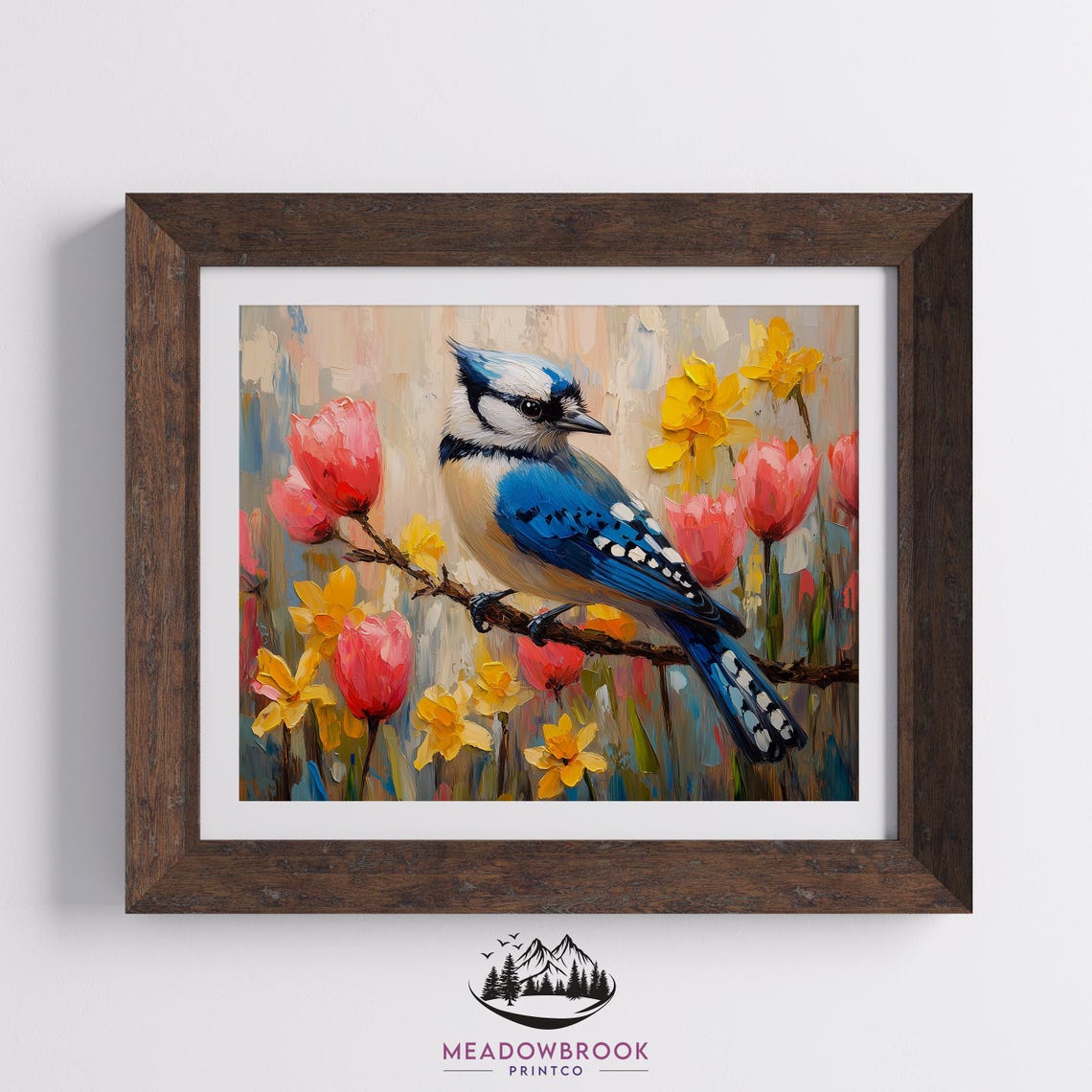 Blue Jay Among Pink Tulips And Daffodils Spring Impasto Bird Poster - Image 2