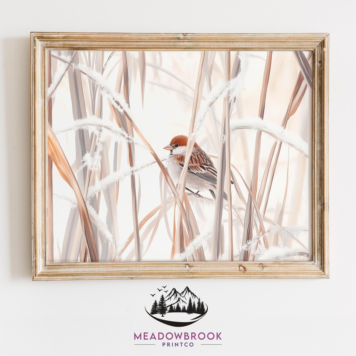 Sparrow In Frosty Winter Grass Soft Neutral Nature Scene Art Poster