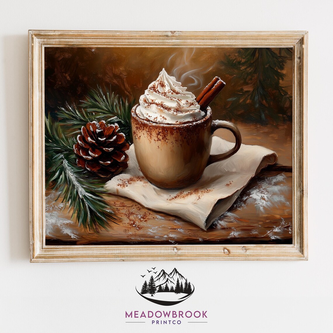 Hot Cocoa Mug With Cinnamon And Pinecones Winter Farmhouse Art Poster