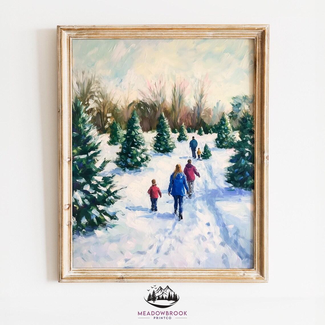 Family Walking Through Snowy Christmas Tree Farm Winter Holiday Print