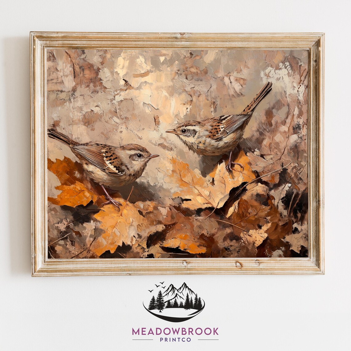 Pair Of Wrens Among Autumn Leaves Vintage Bird Painting Print