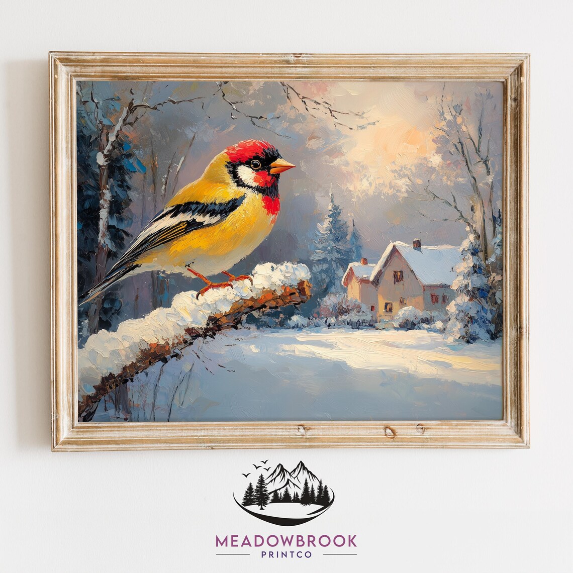Goldfinch On Snowy Branch Winter Village Sunrise Oil Painting Poster