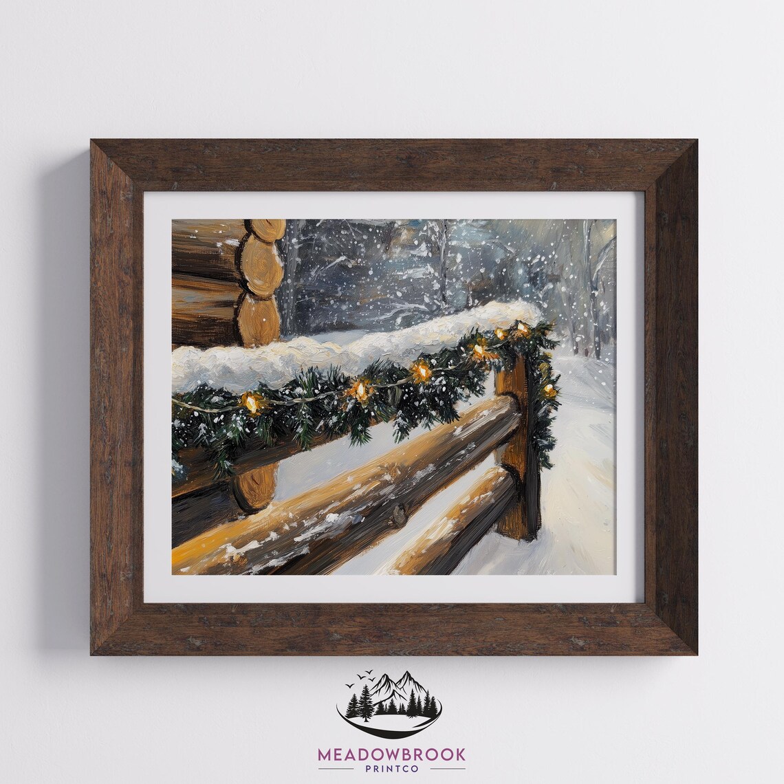 Snowy Cabin Railing With Garland Lights Winter Holiday Painting Print - Image 2