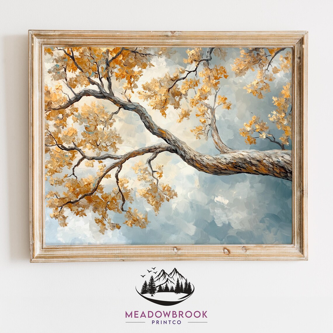 Gnarled Oak Branch With Golden Autumn Leaves Against Blue Sky Wall Art