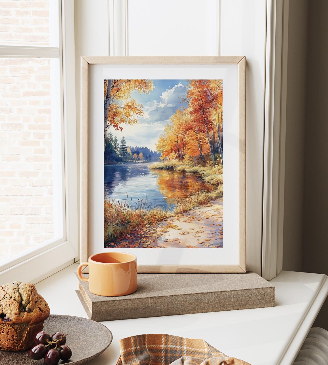 Autumn Lakeside Birch Trees Golden Fall Colors Watercolor Print Poster - Image 3