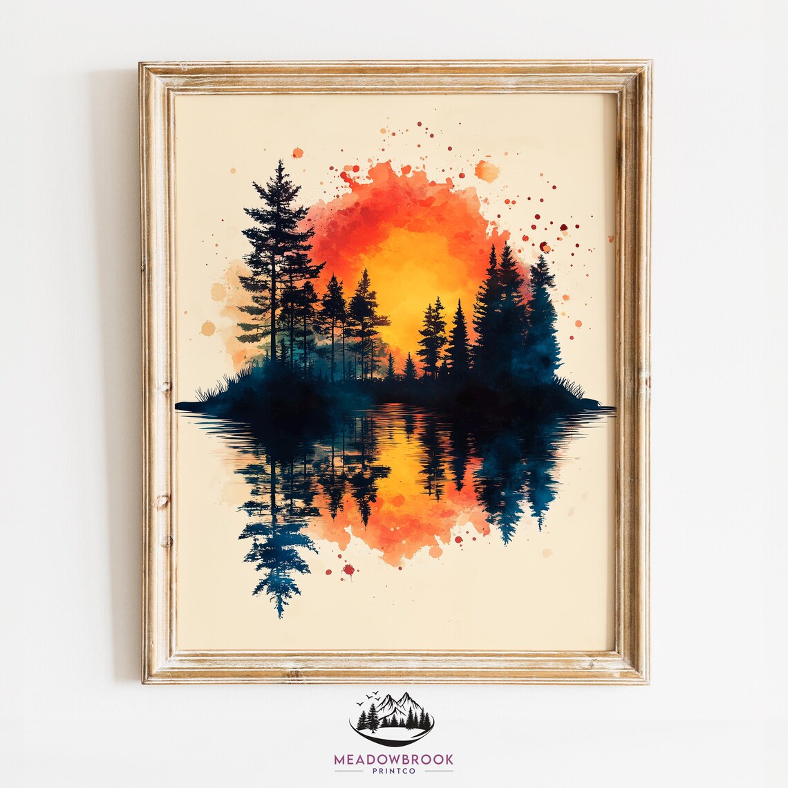 Evening Forest Reflections Moody Watercolor Wall Art Earthy Autumn Landscape Rustic Farmhouse Decor 918