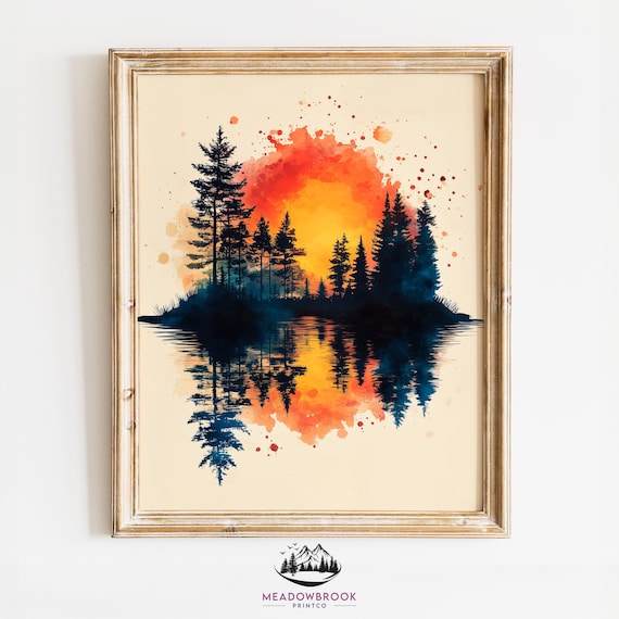Evening Forest Reflections Moody Watercolor Wall Art Earthy Autumn Landscape Rustic Farmhouse Decor 918