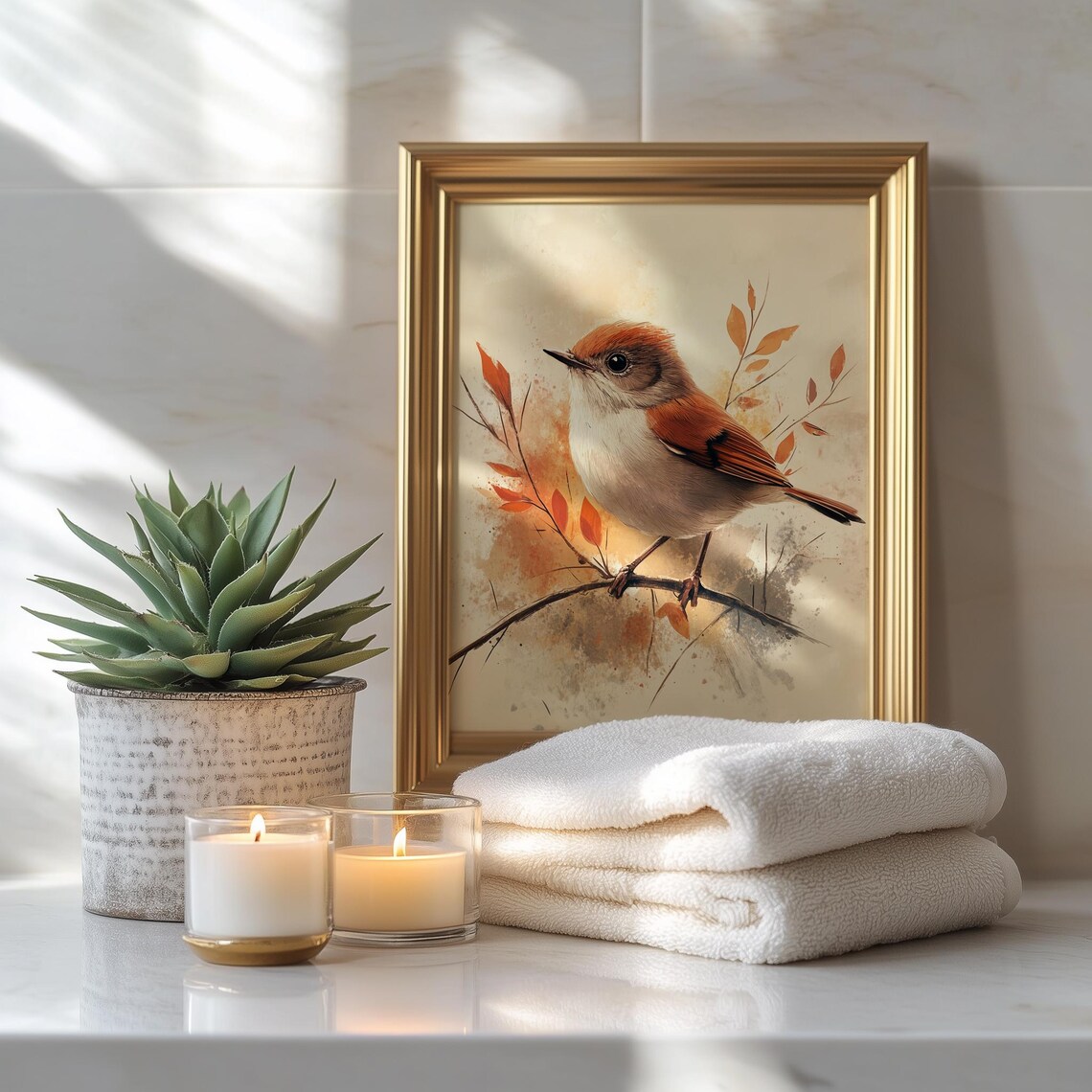 Watercolor Songbird With Autumn Leaves Rustic Bird Art Print Poster - Image 3