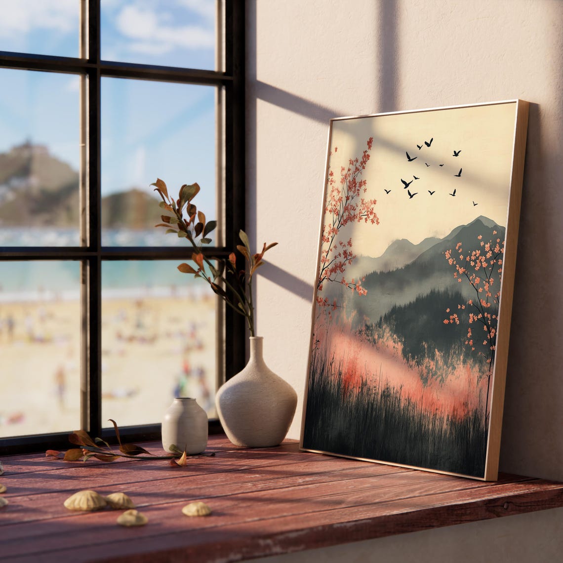 Blossom Trees Birds In Flight Misty Mountain Minimalist Art Poster - Image 2