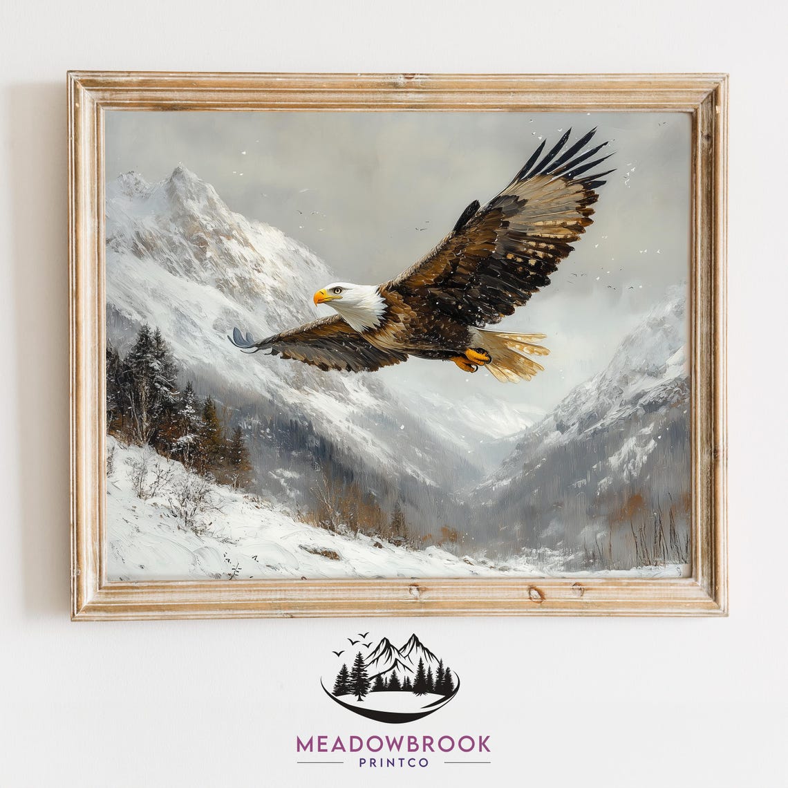 Bald Eagle Soaring Over Snowy Mountain Peaks Majestic Bird Poster