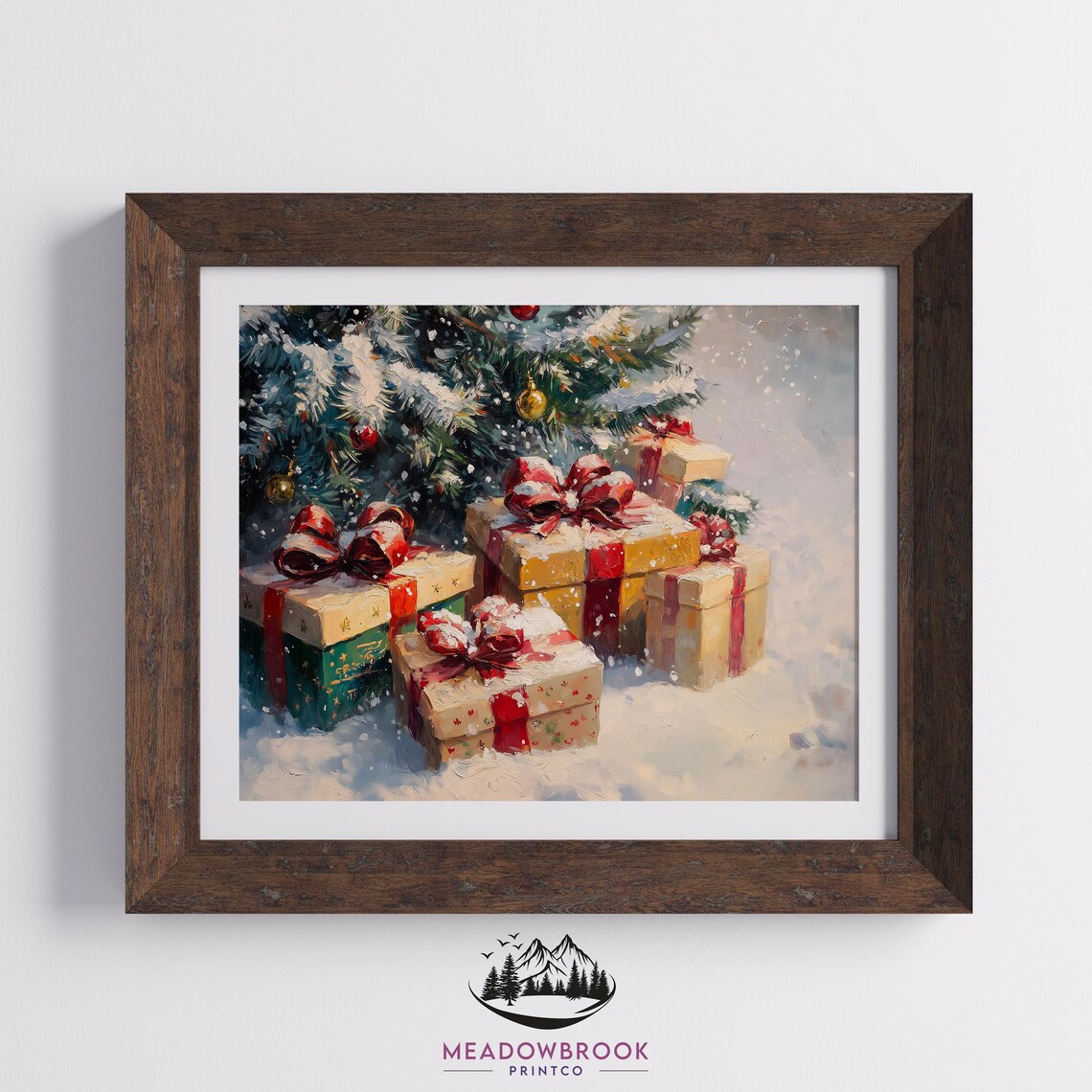 Snowy Christmas Gifts Under Tree Vintage Holiday Painting Print - Image 2
