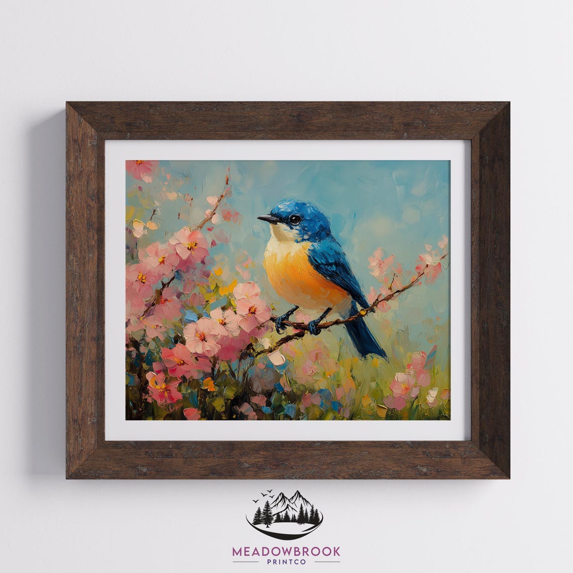 Bluebird On Blossoming Branch Pink Cherry Blossoms Spring Poster - Image 2