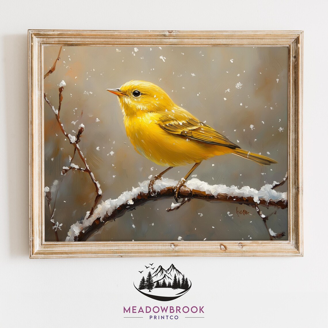 Yellow Warbler Bird on Frosty Snow Covered Winter Branch Bird Poster