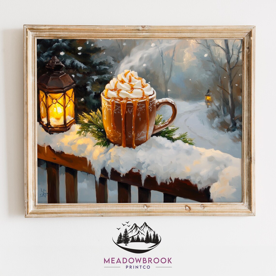 Hot Cocoa Mug With Lantern On Snowy Porch Winter Farmhouse Art Poster
