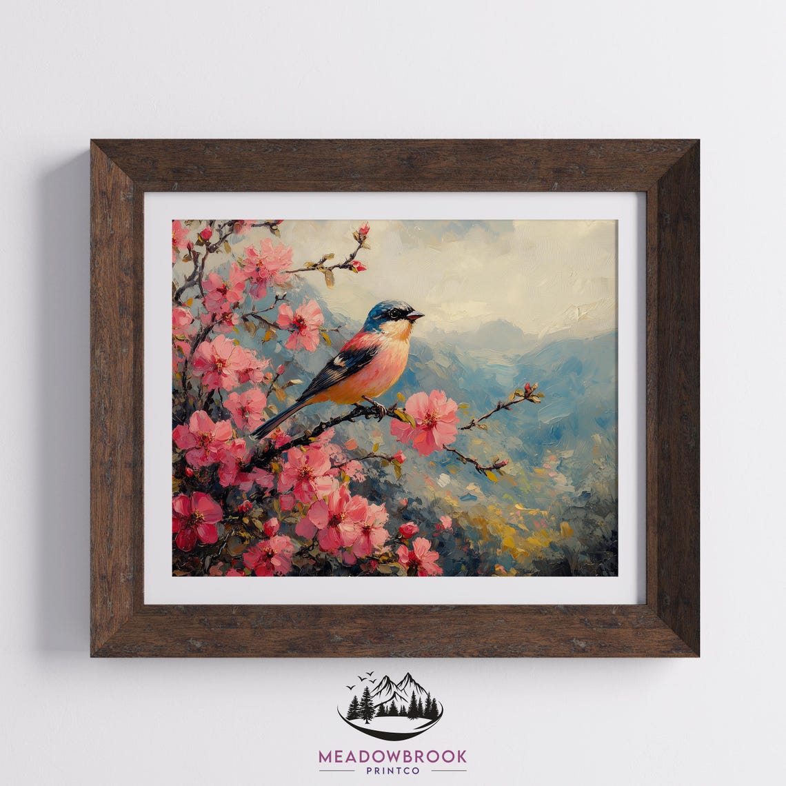 Finch Among Pink Azalea Blooms Mountain Spring Oil Painting Poster - Image 2