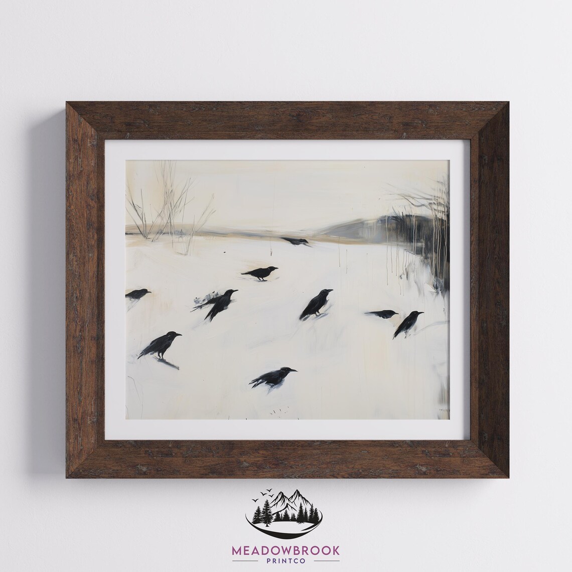 Flock Of Black Birds In Snowy Field Minimalist Winter Art Poster - Image 2