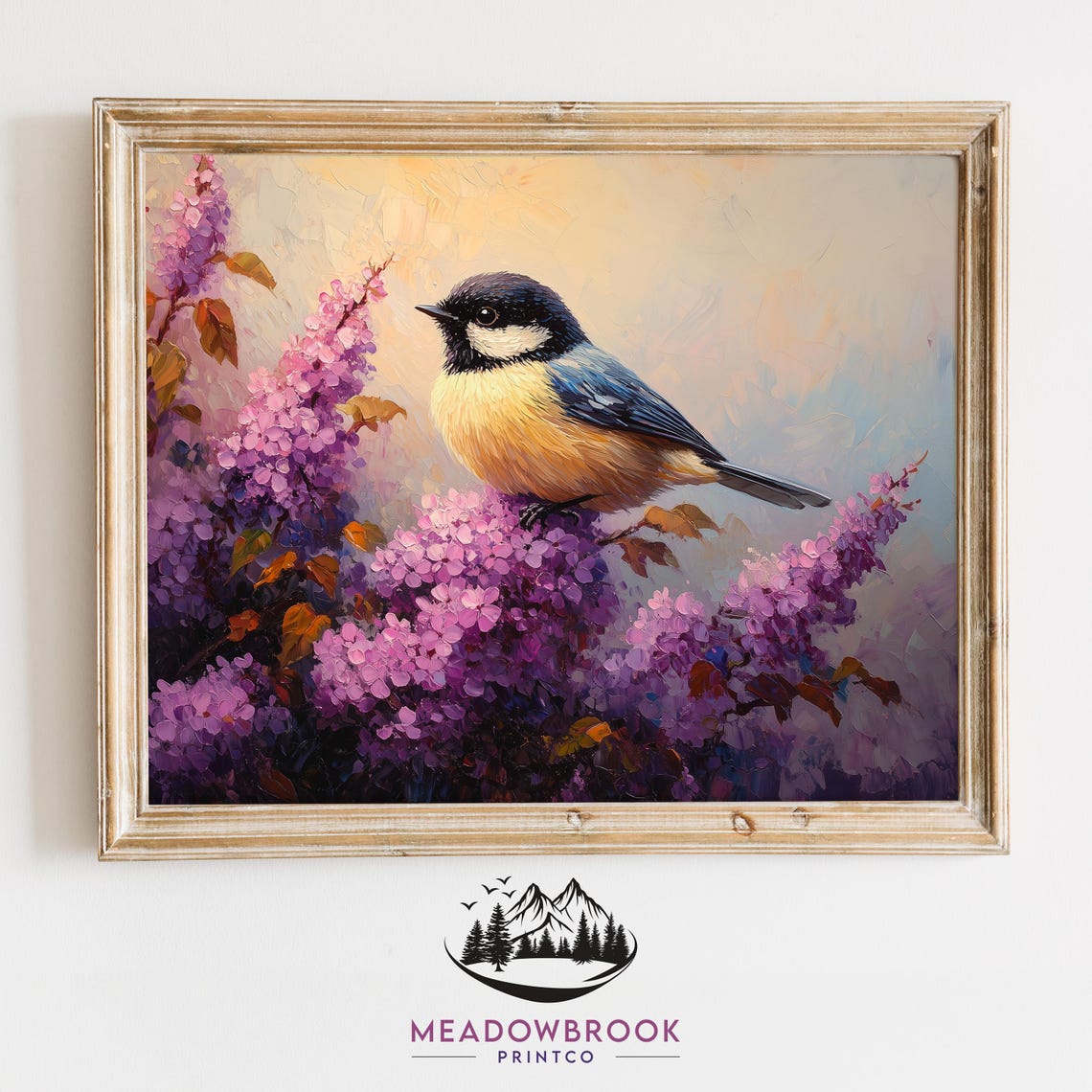 Chickadee Bird on Purple Lilac Bush Under Soft Pastel Spring Sky Print