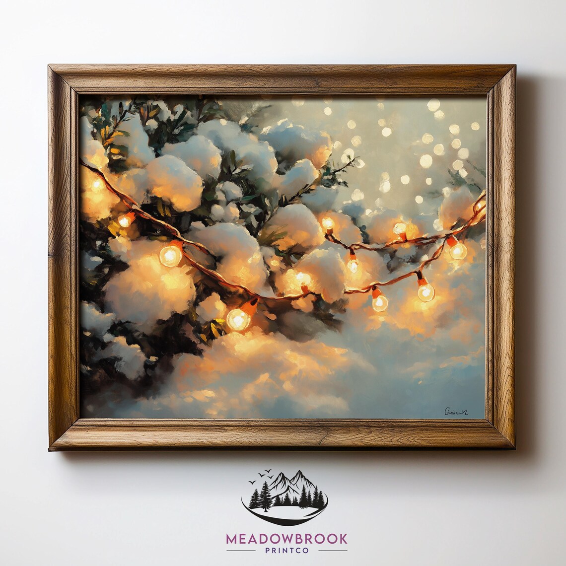 Twinkling Lights On Snowy Branches Rustic Winter Wall Art Moody Christmas Decor Cozy Holiday Painting Warm Lights Print 471