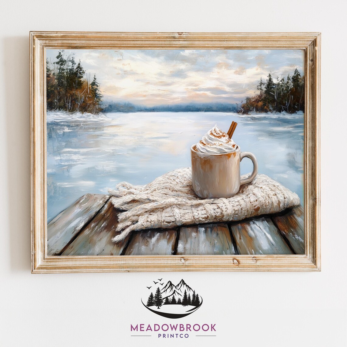 Hot Cocoa Mug On Snowy Dock By Frozen Lake Winter Art Poster