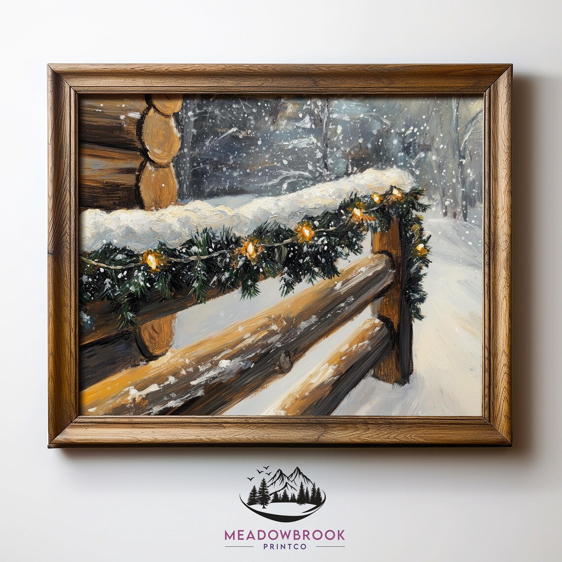 Snowy Cabin Railing With Garland Lights Winter Holiday Painting Print