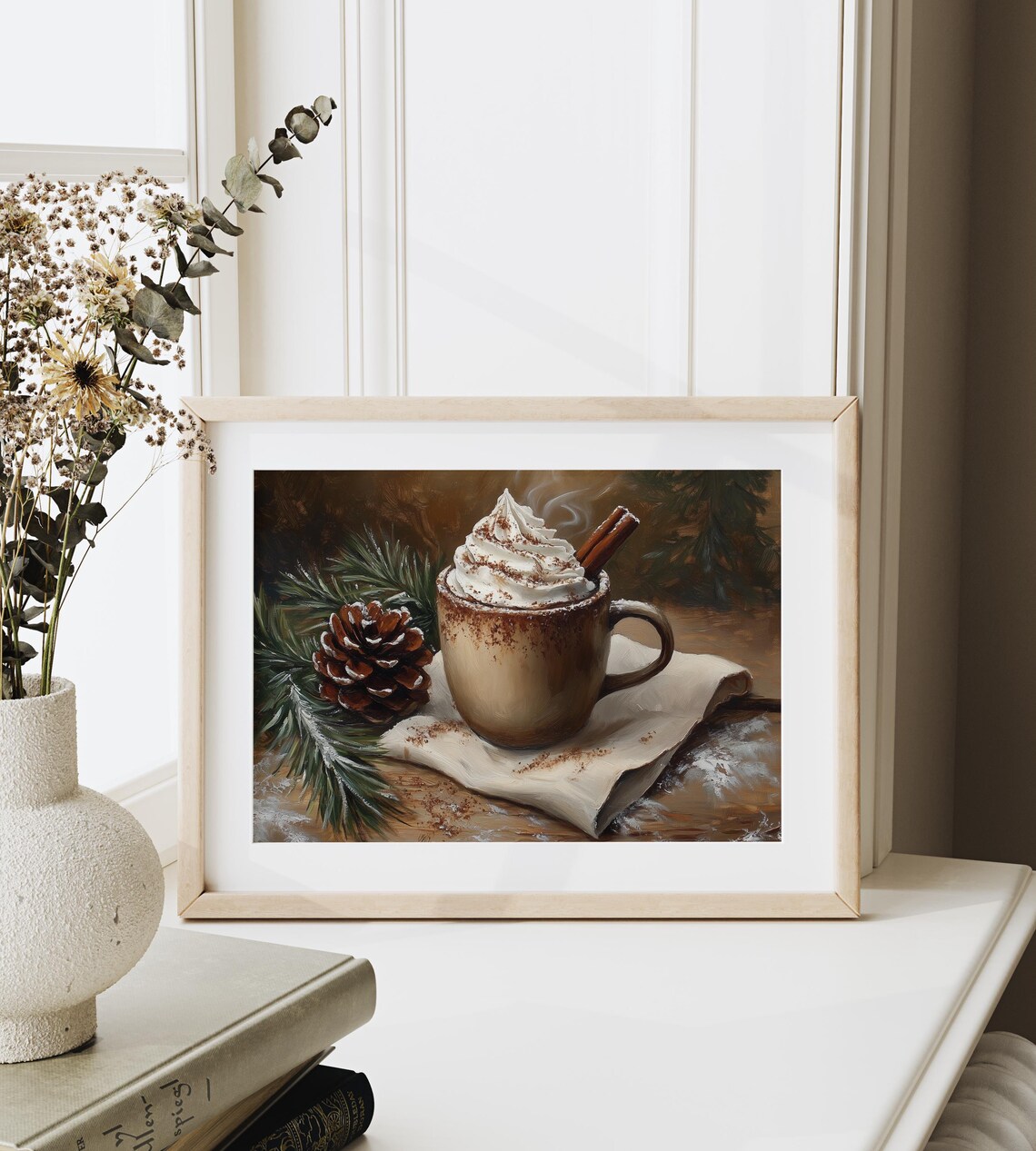 Hot Cocoa Mug With Cinnamon And Pinecones Winter Farmhouse Art Poster - Image 3