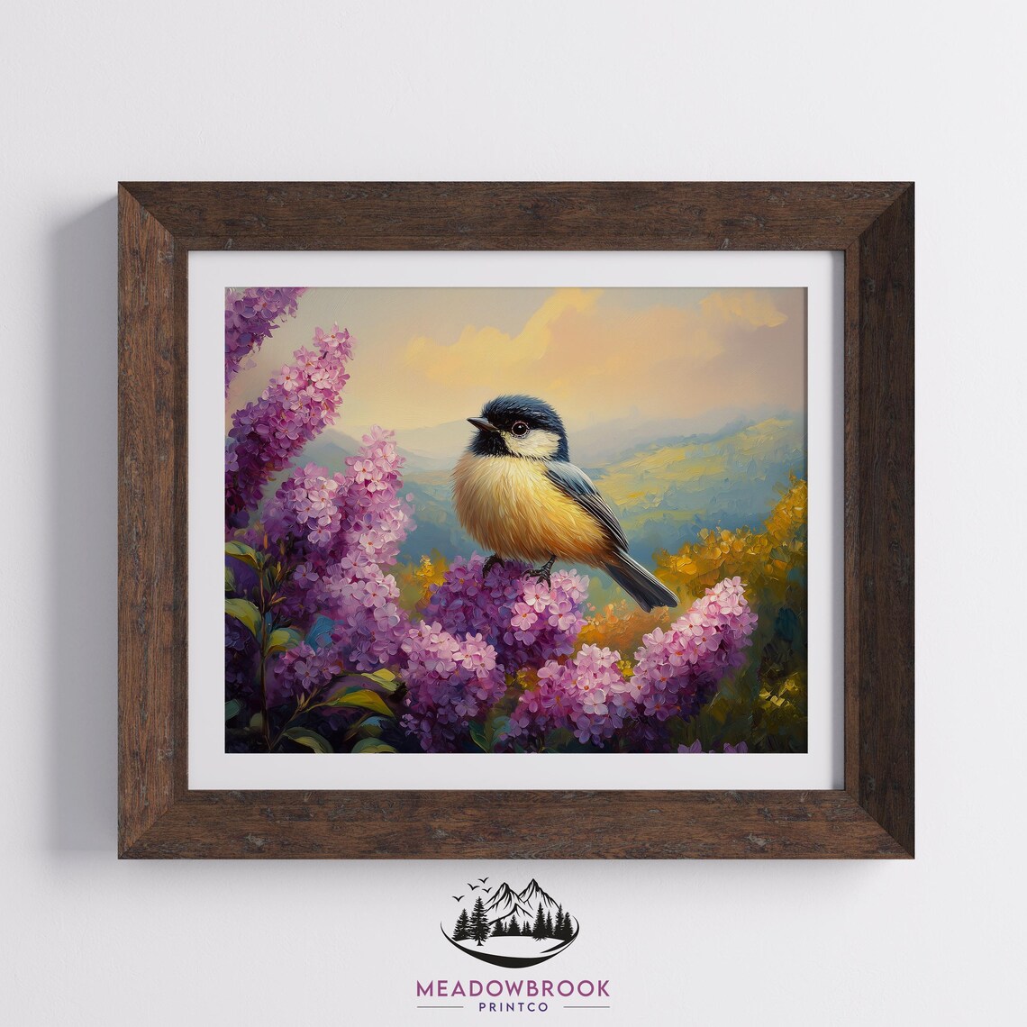 Chickadee Bird on Pink Lilac Blooms Golden Sunset Meadow Bird Poster - Image 2