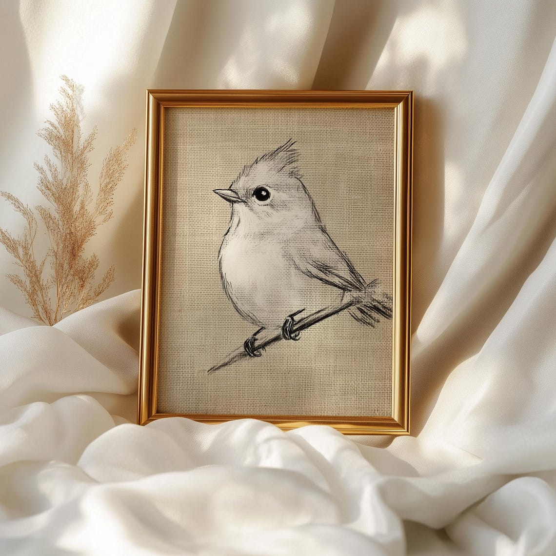 Tufted Titmouse Pencil Sketch On Branch Rustic Bird Art Print Poster - Image 2