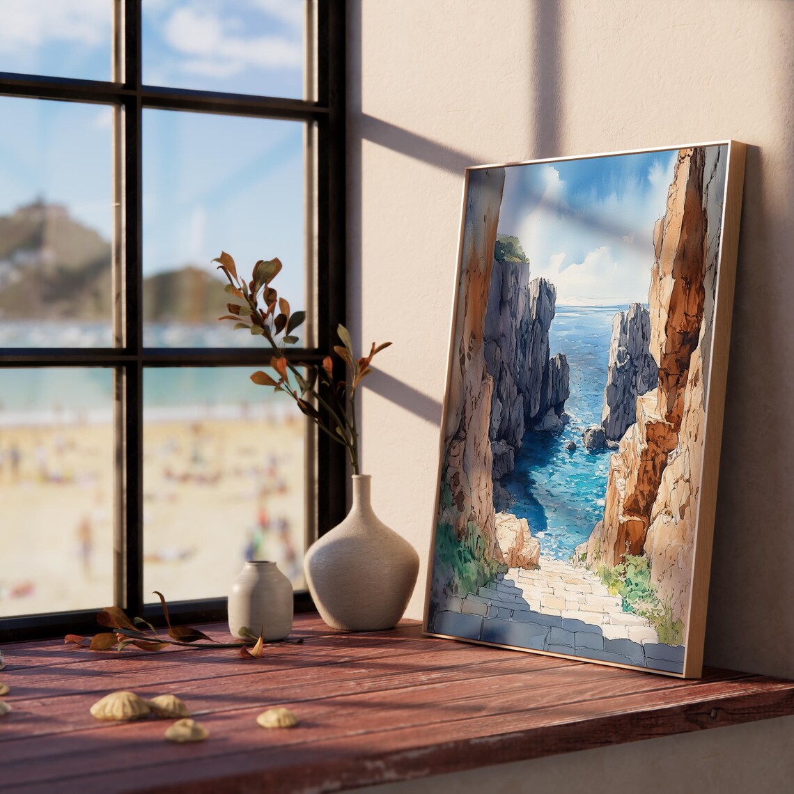 Stone Steps Between Cliffs To Turquoise Sea Coastal Watercolor Poster - Image 2