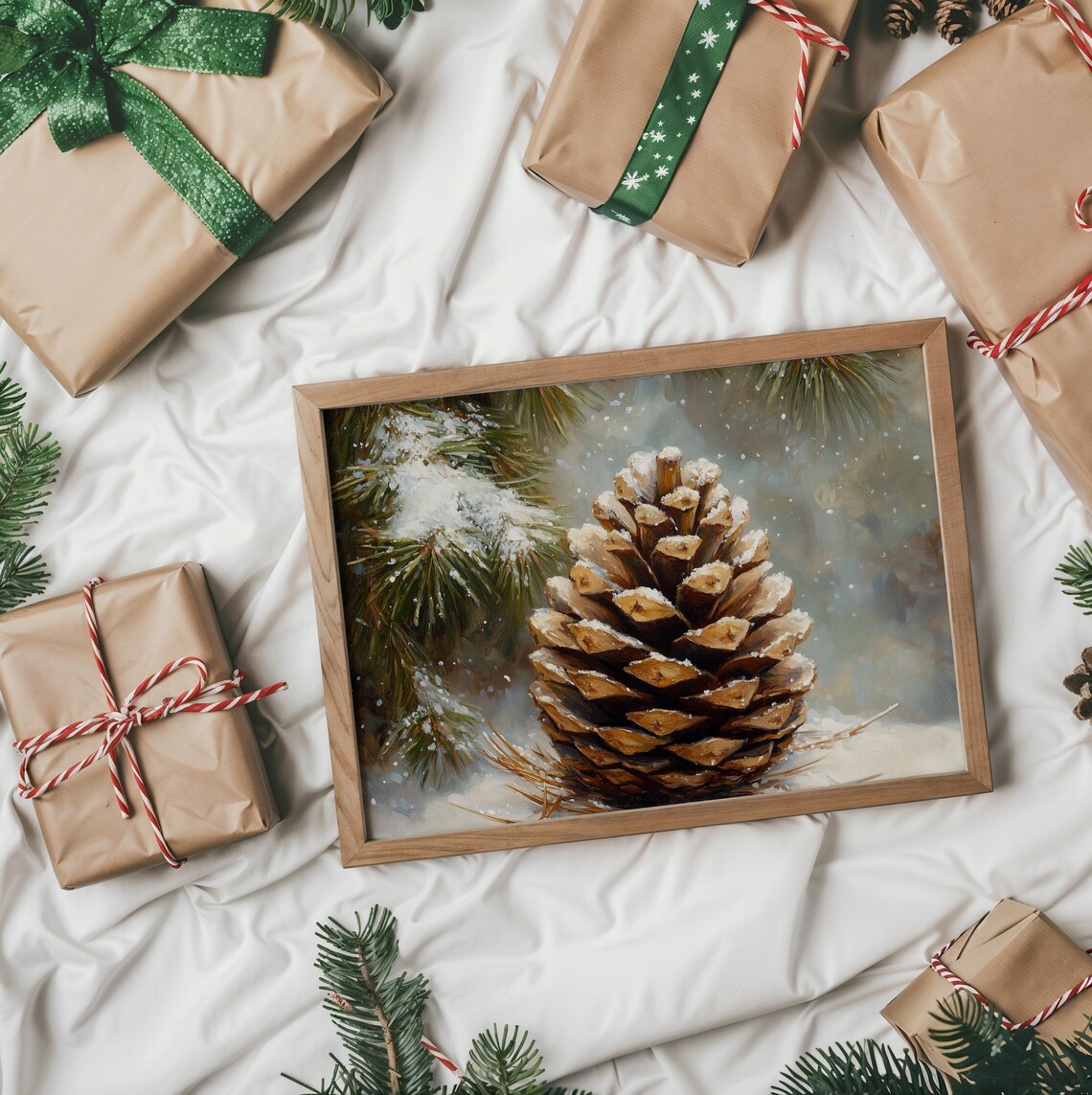 Vintage Snow Dusted Pinecone On Winter Forest Floor Painting Print - Image 3
