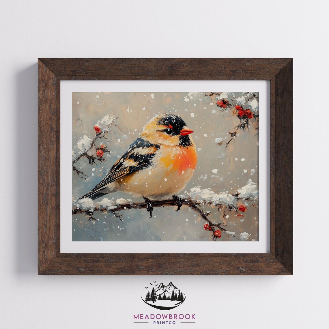 Golden Breasted Finch In Falling Snow Berry Branch Winter Poster - Image 2