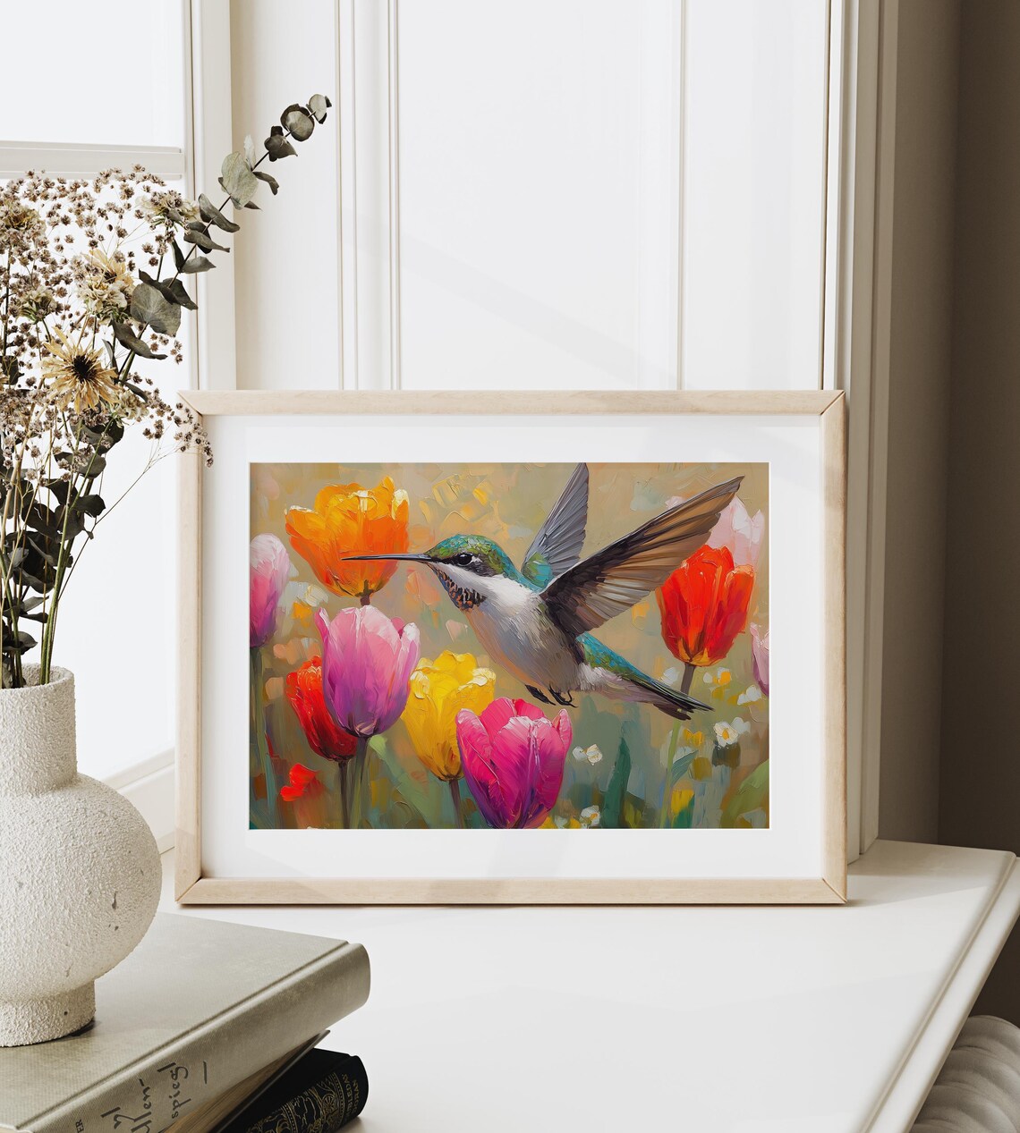 Hummingbird In Flight Among Colorful Tulips Impasto Spring Art Poster - Image 3