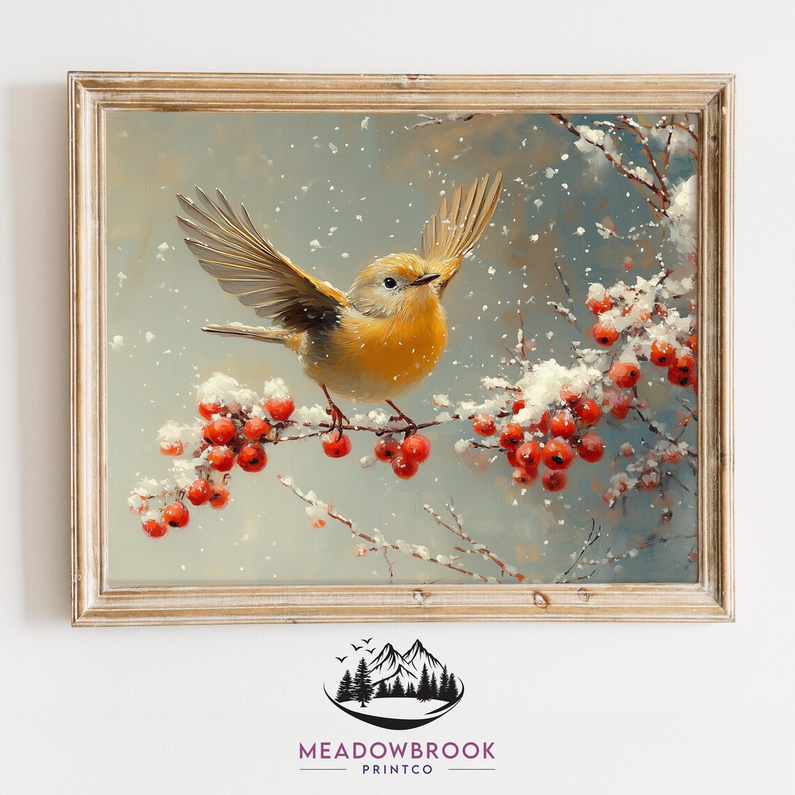 Goldfinch Bird Landing on Snowy Winter Red Berries Branch Wall Poster