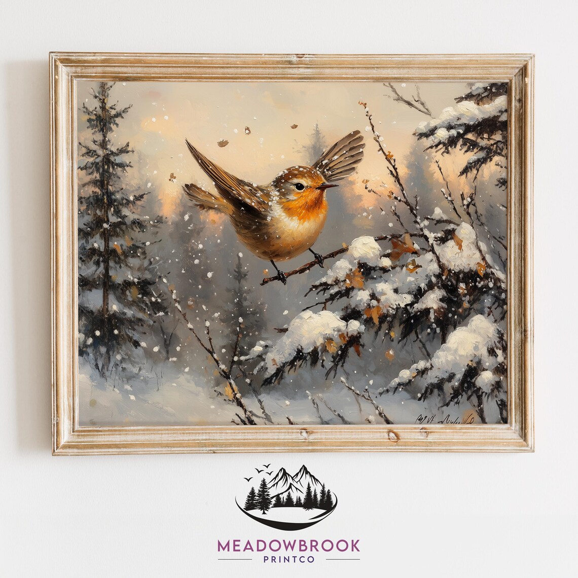 Songbird Taking Flight Over Snowy Winter Forest Branch Bird Poster