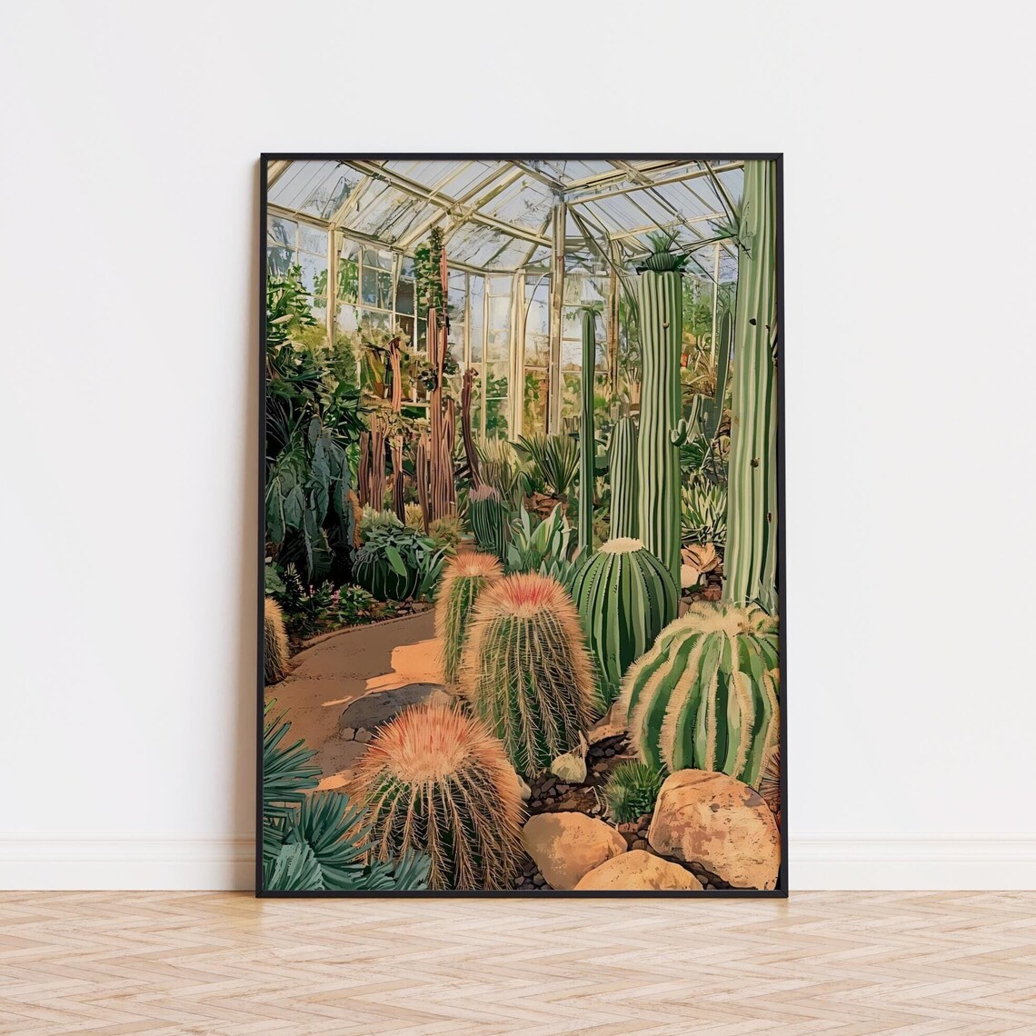 Lush Golden Barrel Cacti Glasshouse Botanical Garden Art Poster