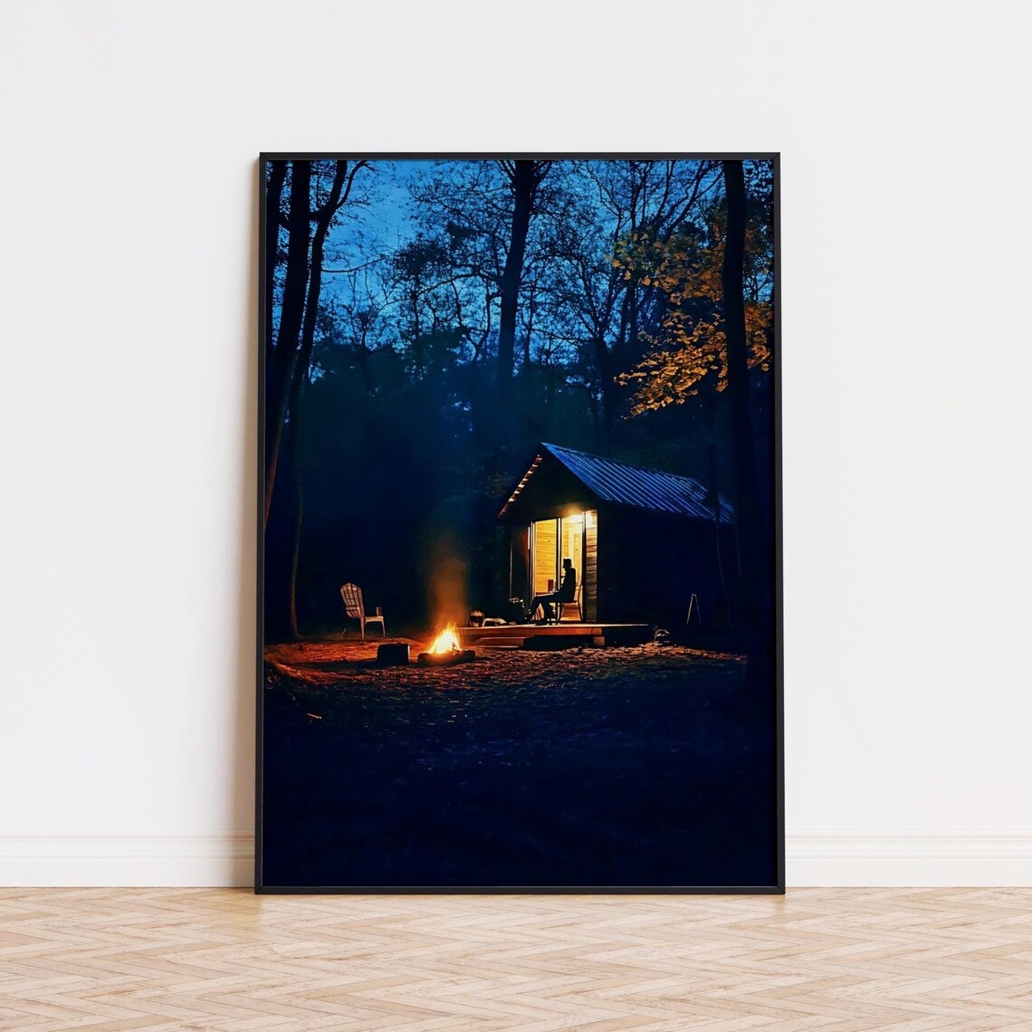 Rustic Cabin In Dark Woods At Night Campfire Fire Pit Art Poster