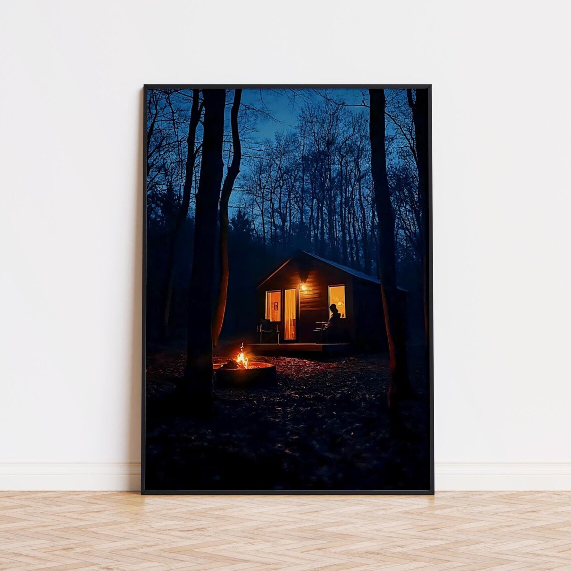 Night Cabin In Dark Winter Woods With Campfire Glow Art Poster