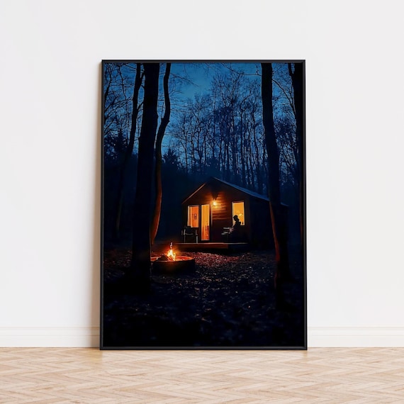 Night Cabin In Dark Winter Woods With Campfire Glow Art Poster