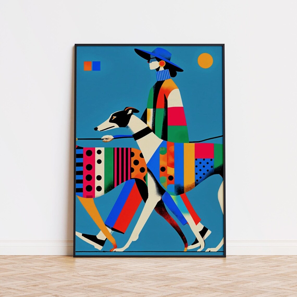 Woman Walking Greyhound Colorful Modernist Dog Illustration Poster