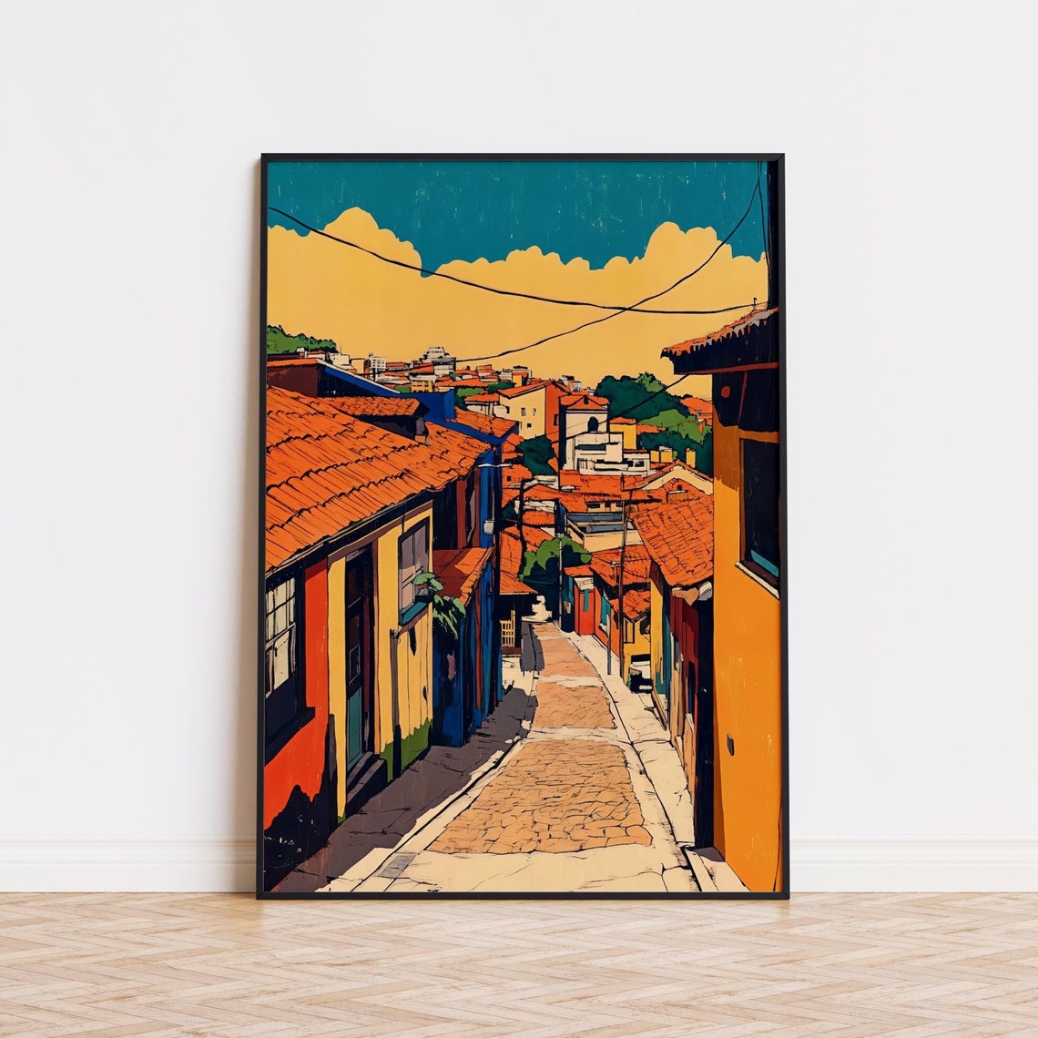 Vibrant Retro Colorful Cobblestone Street Old Town Art Poster