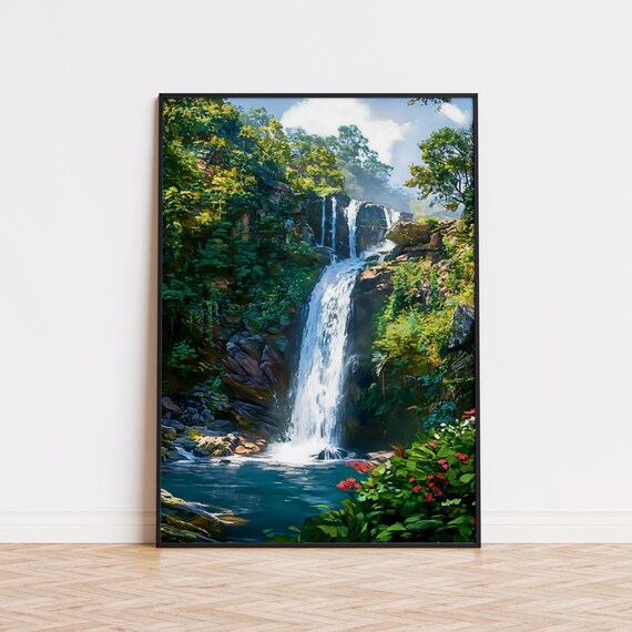 Waterfall Wall Art Mountain Forest Waterfall Landscape Illustration Tropical Botanical Art Unframed