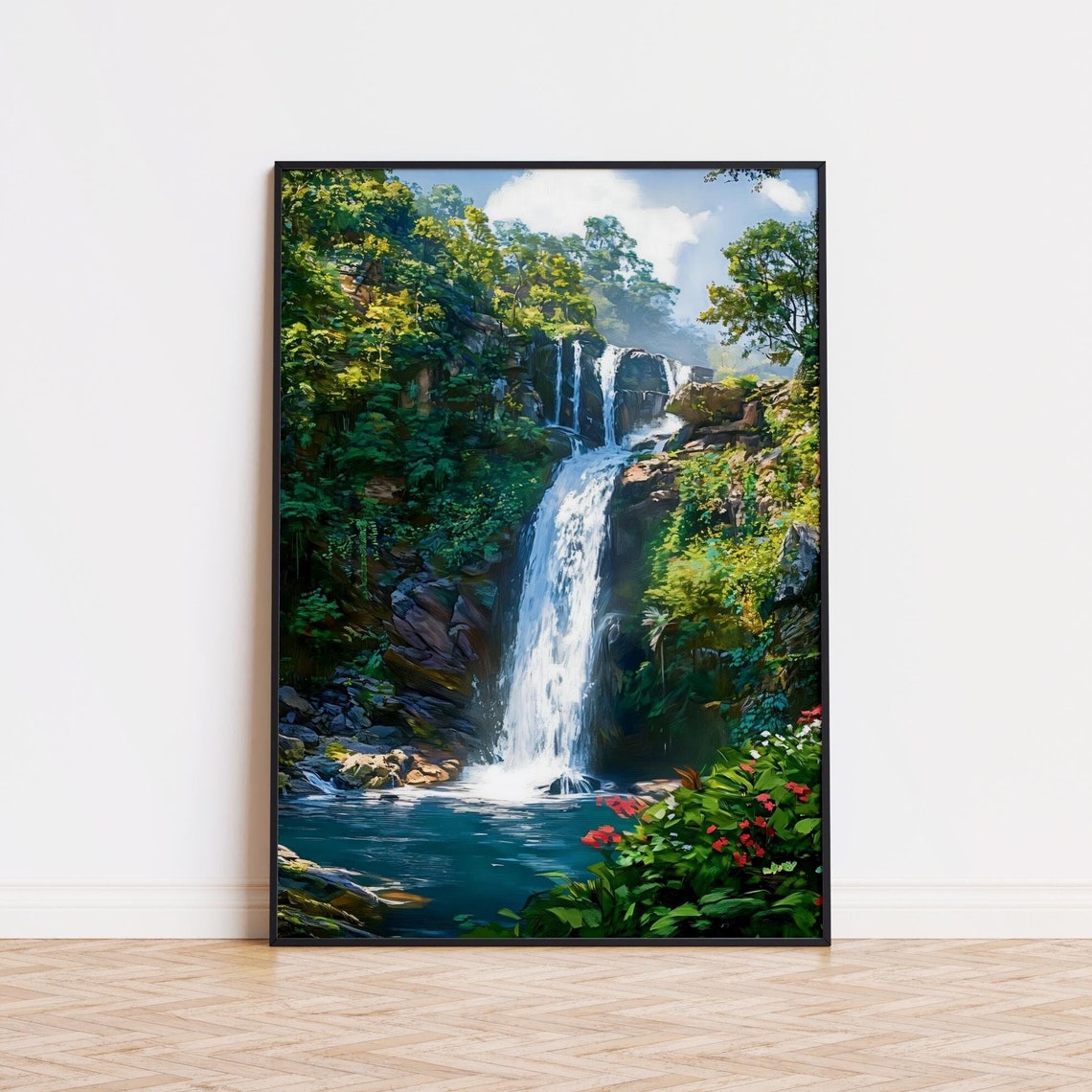Lush Mountain Forest Waterfall Cascading Tropical Botanical Poster