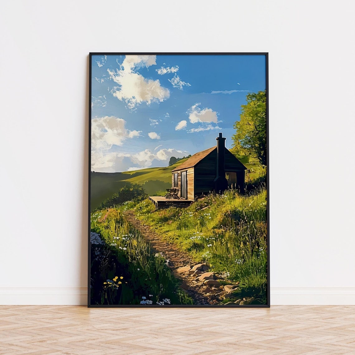 Rustic Wooden Cabin On Sunny Wildflower Meadow Hillside Art Poster