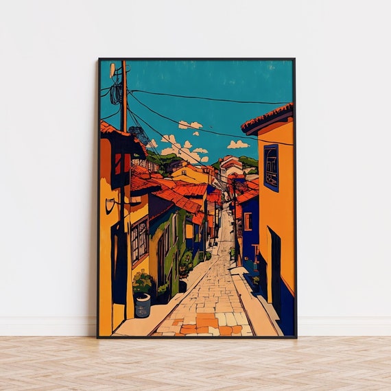 Colourful Street In Sunlit Village Vibrant Maximalist Wall Art Print Mediterranean Architecture Wall Art Eclectic Bohemian Art Unframed