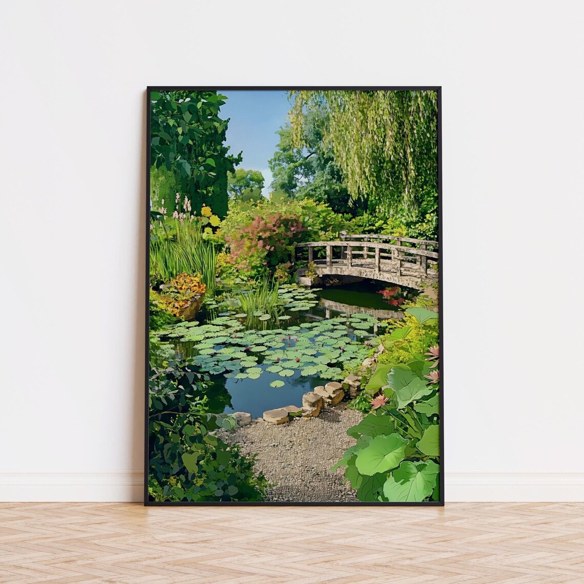 English Summer Garden Stone Bridge Lily Pond Illustration Poster