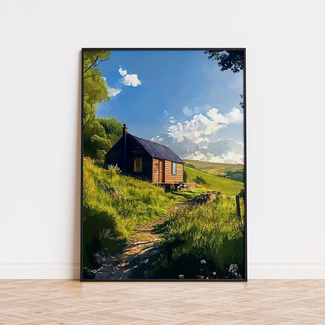 Cozy Cabin In Sunny Green Countryside Wildflower Meadow Art Poster