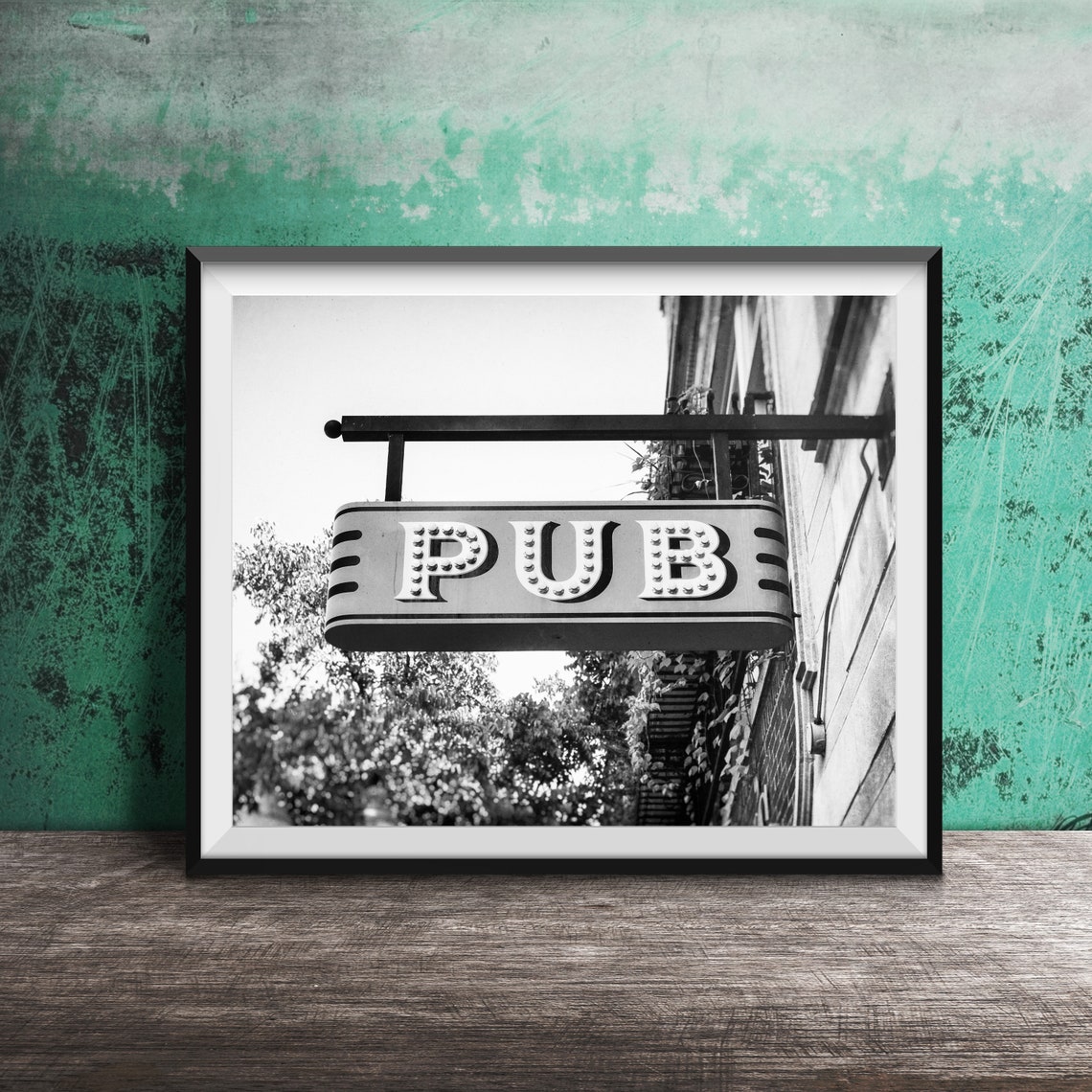 Vintage Yellow Pub Marquee Sign Hanging Over Sidewalk Photo Poster - Image 2