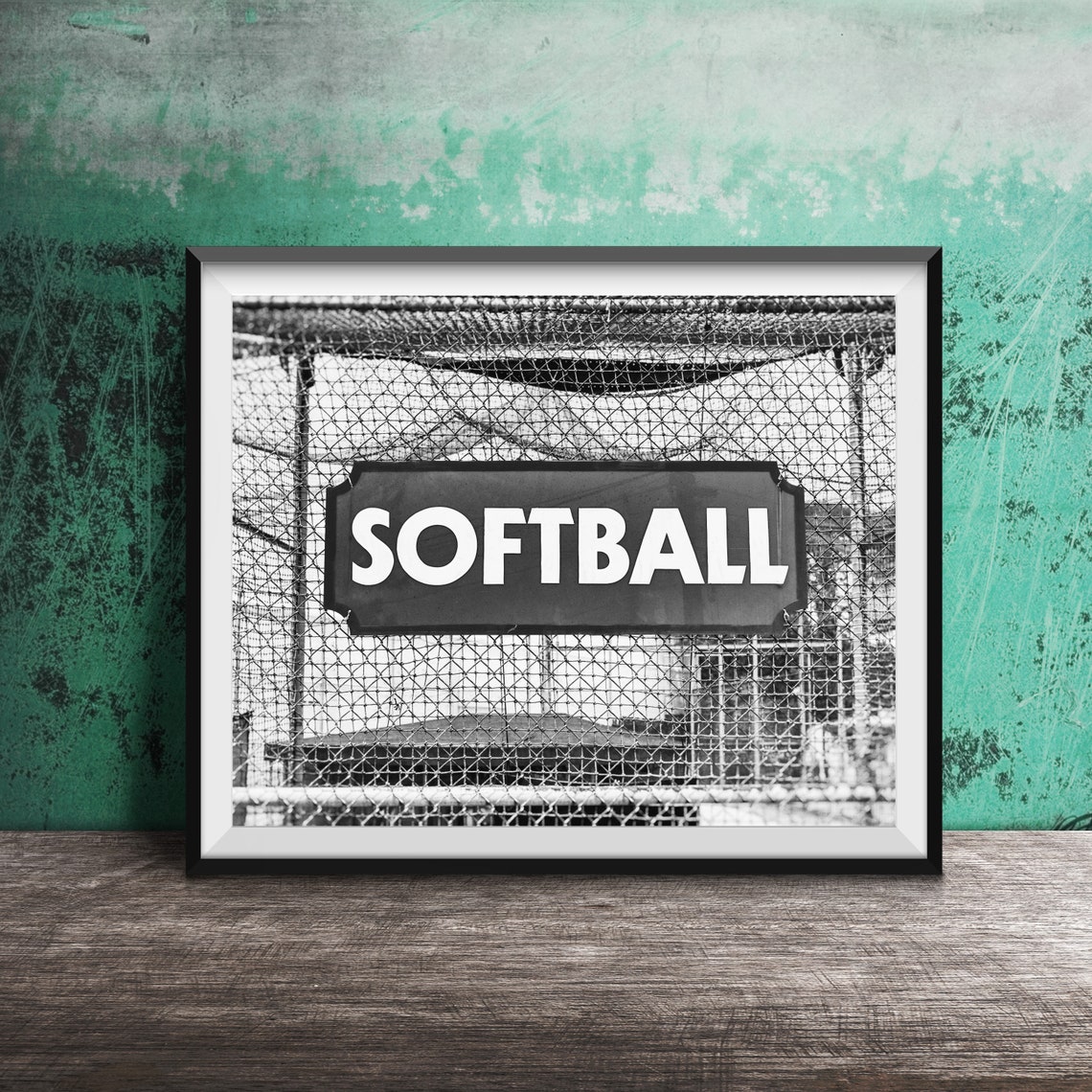Bright Yellow Softball Sign On Chain Link Batting Cage Fence Poster - Image 2